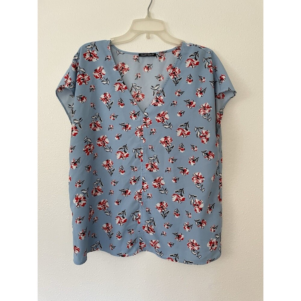 Hilary Radley T-Shirt Women XL Blue Floral V-Neck Short Sleeve Pullover